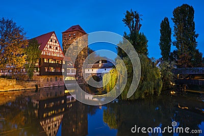 Nuremberg city houses on riverside of Pegnitz river. Nuremberg, Franconia, Bavaria, Germany Stock Photo