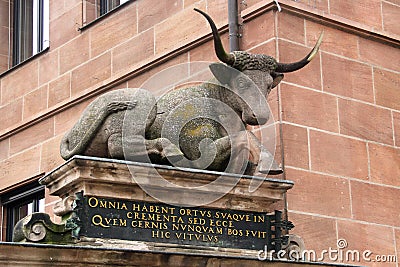 Nuremberg, Germany - August 27, 2023: Ox statue on Butcher's bridge in old town of Nuremberg Editorial Stock Photo