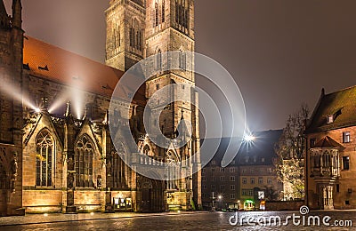 Nuremberg-Germany- foggy night- Sebaldus church Stock Photo