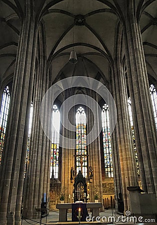 St. Sebaldus Church, gothic interior, tall columns, vaults, arches and windows Editorial Stock Photo