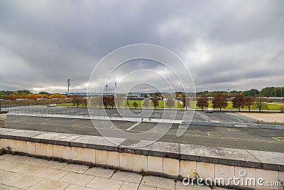 View from the grandstand across the Zeppelin Field and the Great Street. Hitler's lectern Editorial Stock Photo