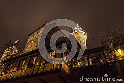 Nuremberg, Germany - pub under Imperial Castle- night scene Stock Photo