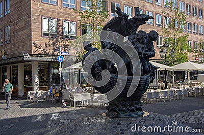 Nuremberg / GERMANY - September 17, 2018: Statue Ship of Fools - interesting sculpture placed on Nuremberg street Editorial Stock Photo