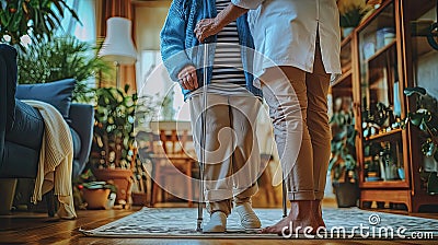 a nurse aids an elderly woman in standing up, their hands firmly gripping her walking stick, both dressed in a blue Stock Photo