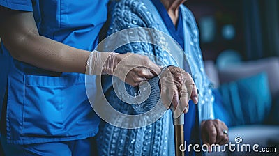 a nurse aids an elderly woman in standing up, their hands firmly gripping her walking stick, both dressed in a blue Stock Photo