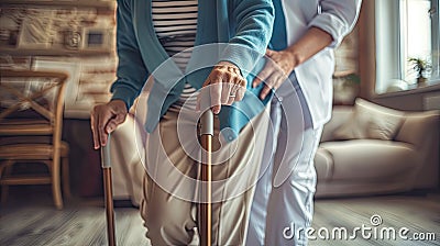 a nurse aids an elderly woman in standing up, their hands firmly gripping her walking stick, both dressed in a blue Stock Photo