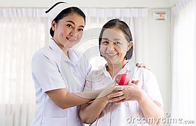 Nurse and Asian elderly woman holding heart red model on hands together,Senior healthy and taking care concept Stock Photo