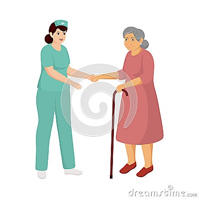 Nurse Assisting Old Woman On A Walker Against White Stock Photo