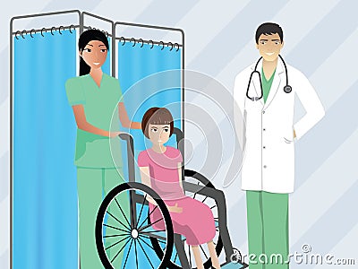 Nurse assisting a sick patient to meet doctor Vector Illustration