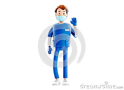 Nurse cartoon guy character posing welcoming you waving hand. Smiling handsome doctor medical 3d illustration. Cartoon Illustration