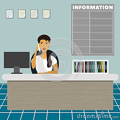 Nurse consultative administrator office worker secretary sitting at the table at the reception and talk on the phone Vector Illustration