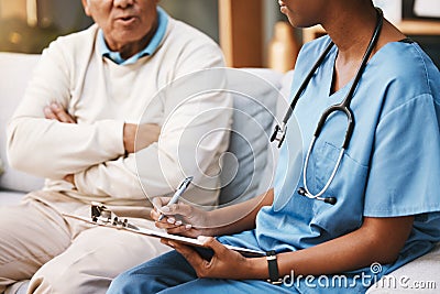 Nurse consulting patient with clipboard, medical notes and healthcare service of life insurance, help or planning Stock Photo