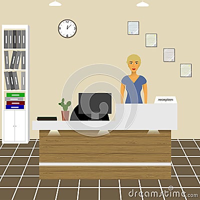 Nurse counselor administrator office worker secretary behind the reception area Vector Illustration