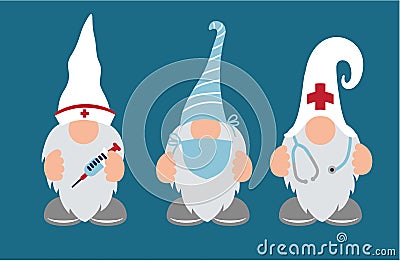 Nurse and Doctor Gnomes with stethoscope & shot Vector Illustration