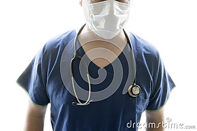 Nurse or doctor wearing scrubs, mask and stethascope Stock Photo