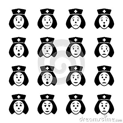 Nurse face emoticon icons set Vector Illustration