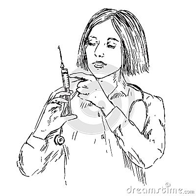 Nurse getting ready to inject, hand drawn doodle, sketch Vector Illustration