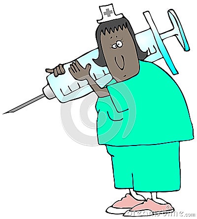 Nurse With A Giant Syringe Cartoon Illustration