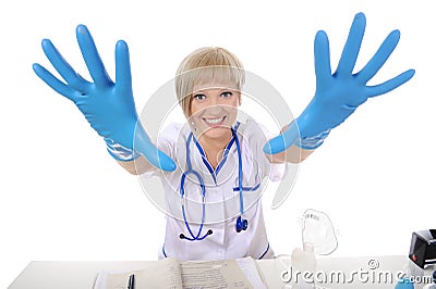 Nurse gloves stretching his arms Stock Photo