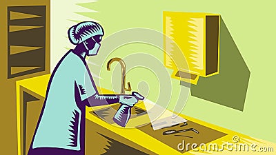 Nurse Healthcare or Medical Worker Spraying Disinfectant WPA Retro Cartoon Illustration