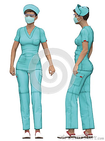 Nurse helping surgeon with protective glasses two views on white background Stock Photo