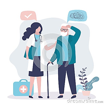 Nurse helps elderly man with Alzheimer's. Grandfather thoughts get confused and memories forgotten Vector Illustration