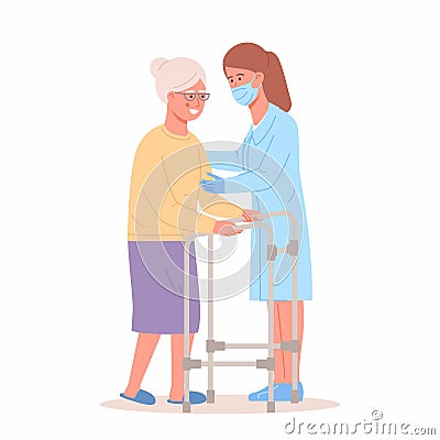 Nurse helps elderly patient with a walker. People in orthopedic therapy rehabilitation. Therapist working with disabled person Vector Illustration