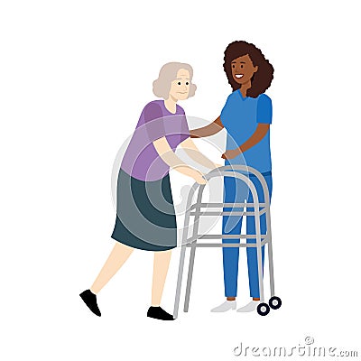 Nurse helps her grandmother to go to the walker. Caring for the elderly. Cartoon Illustration