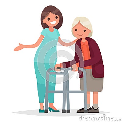 Nurse helps her grandmother to go to the walker. Caring for the Cartoon Illustration