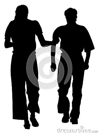 Nurse helps old person to walking silhouette. Cartoon Illustration