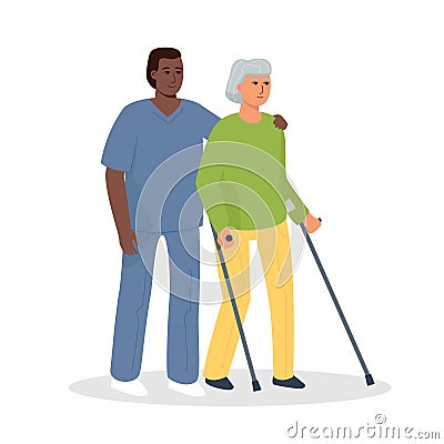 A nurse helps a woman with crutches to walk. An elderly disabled patient and a caregiver. Vector Illustration