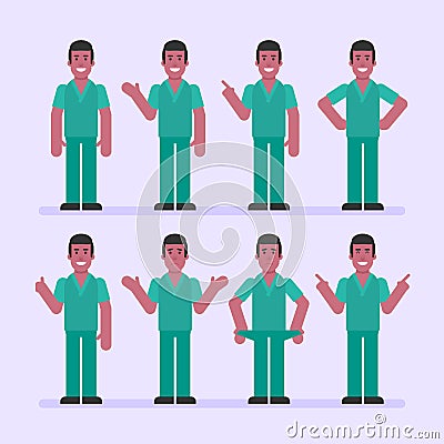 Nurse man points and shows. Character set Vector Illustration