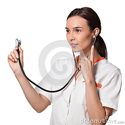 Nurse or medicine student holding a stethoscope Stock Photo