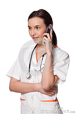 Nurse or medicine student talking on the phone Stock Photo