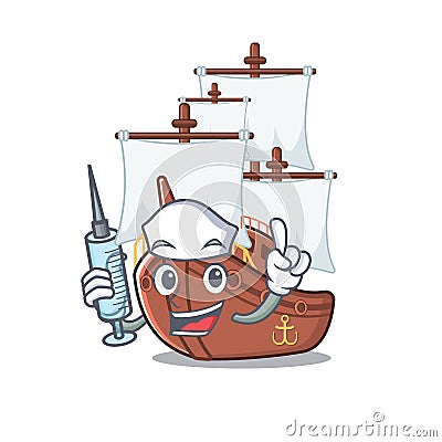 Nurse miniature pirate ship cartoon on table Vector Illustration