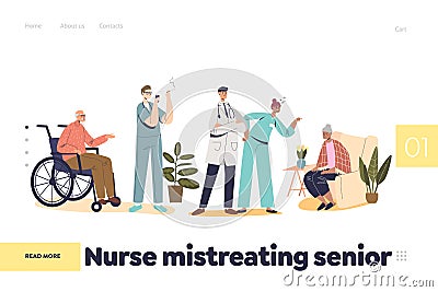 Nurse mistreating senior patient concept of landing page with medical worker screaming on old woman Vector Illustration