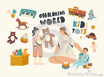 Nurse or Mother Female Character Playing with Little Kids in Playroom. Children Play with Toys in Kindergarten or Home Vector Illustration