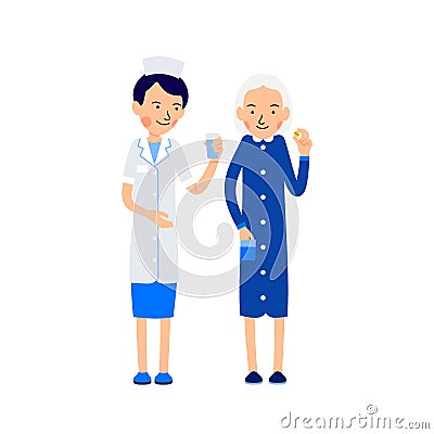 Nurse offers sick water to drink pill. Nurse and sick elderly woman. Taking medications. Illustration of people characters Vector Illustration