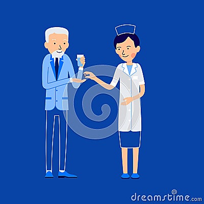 Nurse and patient. Elderly patient holds glass of water in his h Vector Illustration