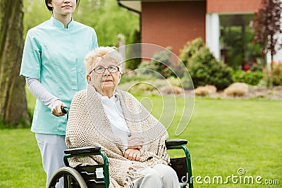 In the garden of modern senior home with daily care Stock Photo