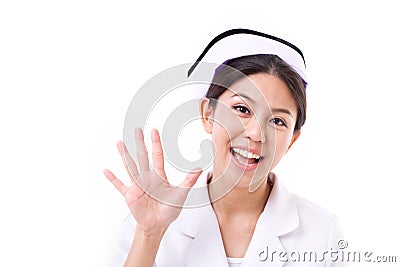 Nurse pointing up, raising five finger Stock Photo