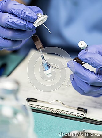 Nurse prepares Venous catheters of Long Duration in a hospital, Accessing Indwelling Central Venous Lines Stock Photo