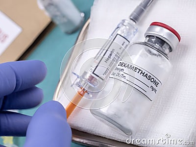 Nurse preparing medical treatment with Dexamethasone and heparin in the hospital Stock Photo