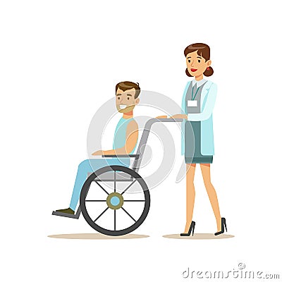Nurse Rolling A Patient In Wheelchair, Hospital And Healthcare Illustration Vector Illustration
