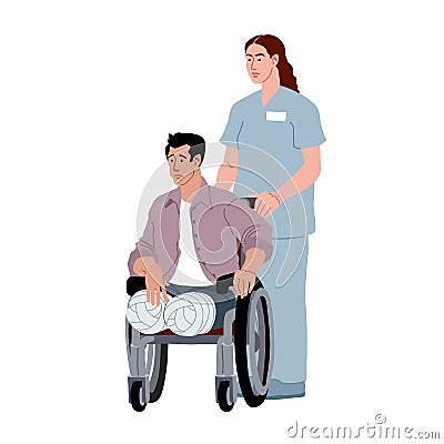 A nurse rolls a wheelchair. A legless patient. Rehabilitation after amputation. Consequences of a car crash. Vector Illustration