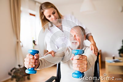 Nurse and senior man in wheelchair during home visit. Stock Photo