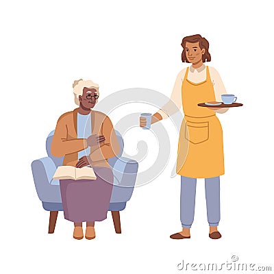 Nurse serving food and drinks to senior woman Vector Illustration