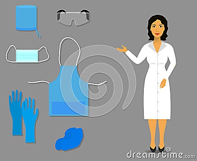 Nurse shows Medical clothing and accessories for work Vector Illustration