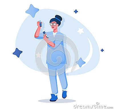 Nurse with syringe flat character concept for web design. Vector Illustration