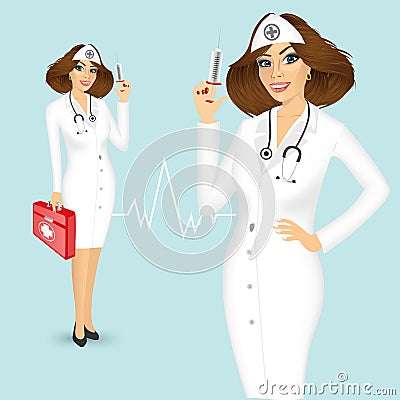 Nurse with syringe and medicine chest Vector Illustration